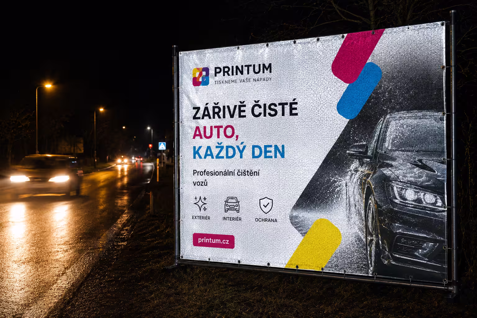 Celoreflexní banner – reflexní PVC banner odrážející světlo za tmy